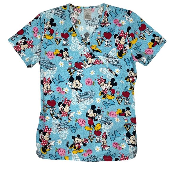 Disney Women's Scrubs Top Mickey & Minnie Call Me Mickey Blue Sz XS - Picture 1 of 12